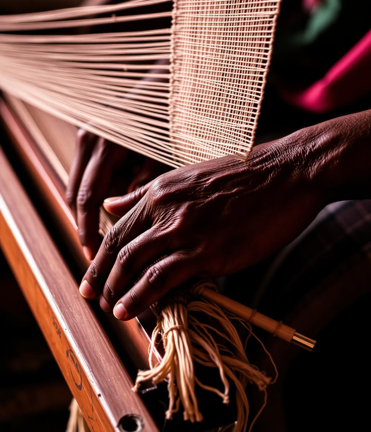 Artisan hands weaving on a traditional loom
